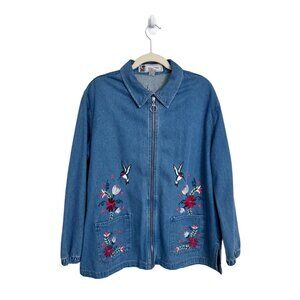 Passion vintage embroidered denim long sleeve zip up size M cottage grandma bird